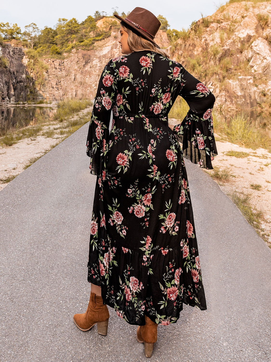 Plus Size Floral Flare Sleeve Dress - The Goddess Galleries
