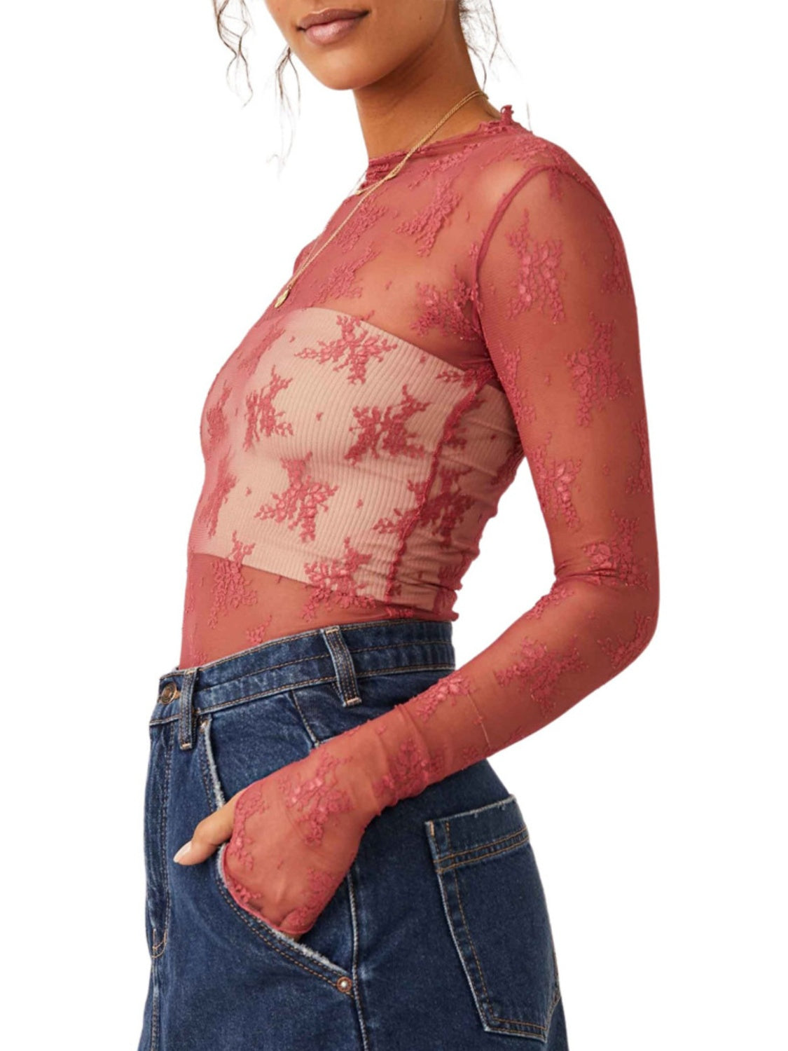 Lace Mock Neck Long Sleeve Blouse - The Goddess Galleries