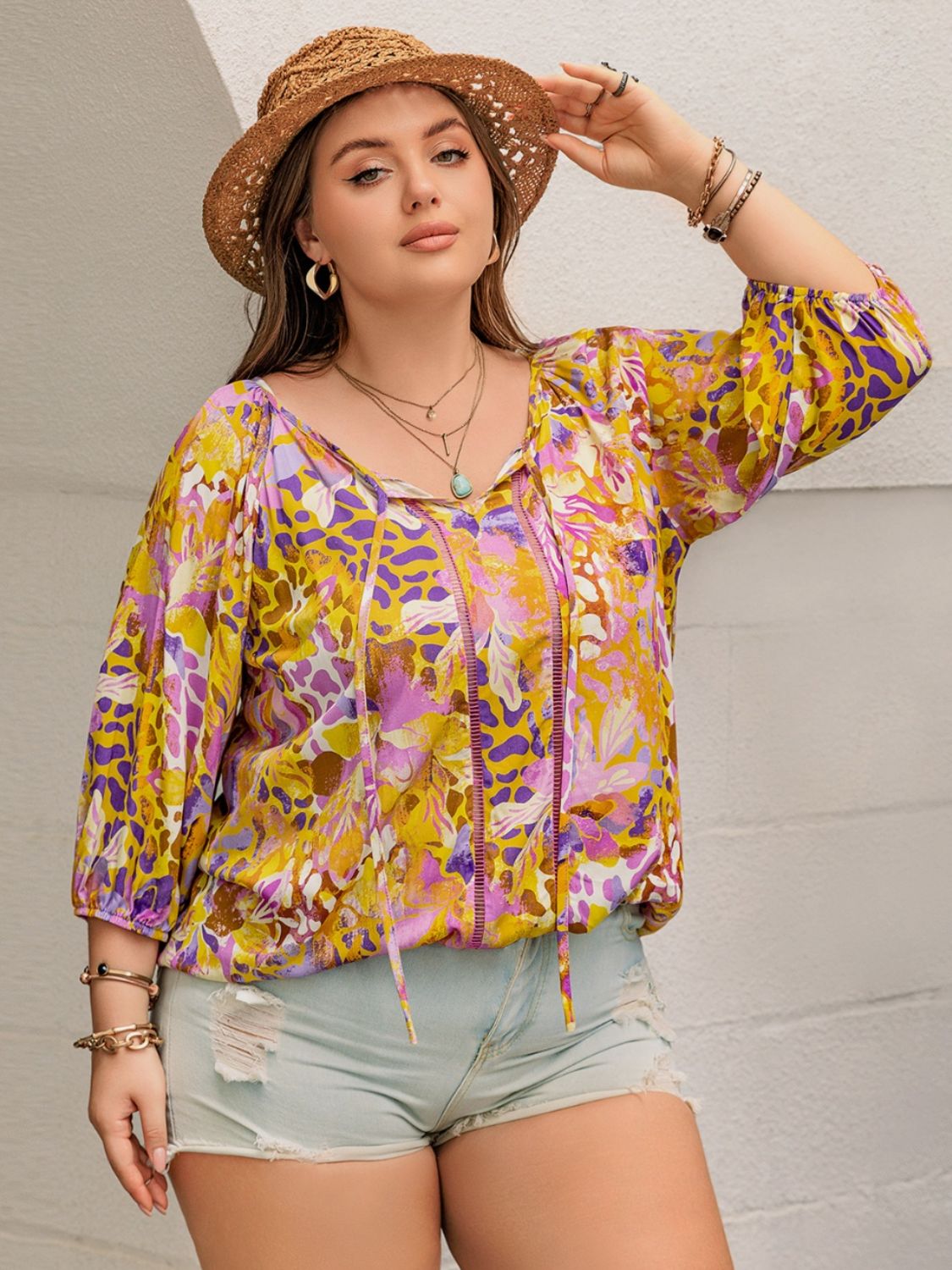 Plus Size Printed Tie Neck Blouse - The Goddess Galleries
