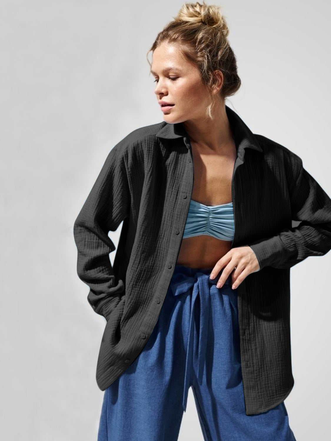 Textured Collared Neck Long Sleeve Shirt - The Goddess Galleries