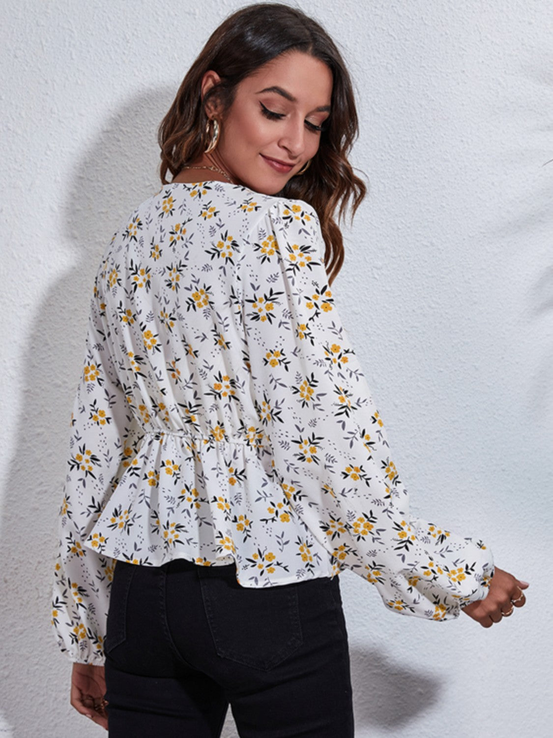 Floral V-Neck Balloon Sleeve Peplum Blouse - The Goddess Galleries