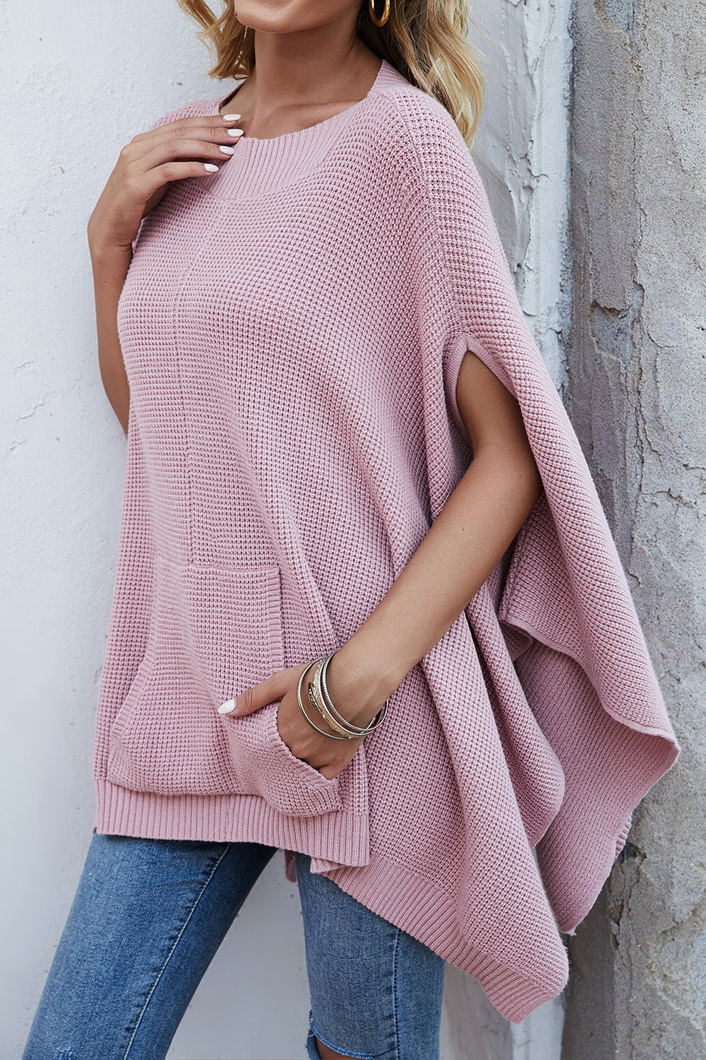 Waffle-Knit Pocketed Cape Sleeve Sweater - The Goddess Galleries