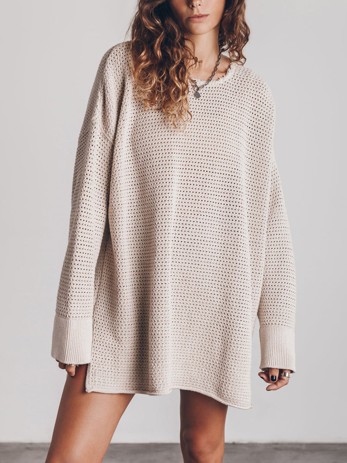 Openwork Round Neck Long Sleeve Slit Sweater - The Goddess Galleries