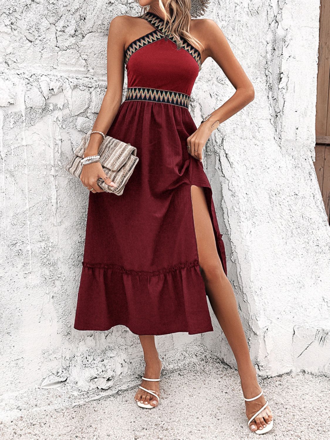 Devine Ruffled Slit Sleeveless Midi Dress - The Goddess Galleries
