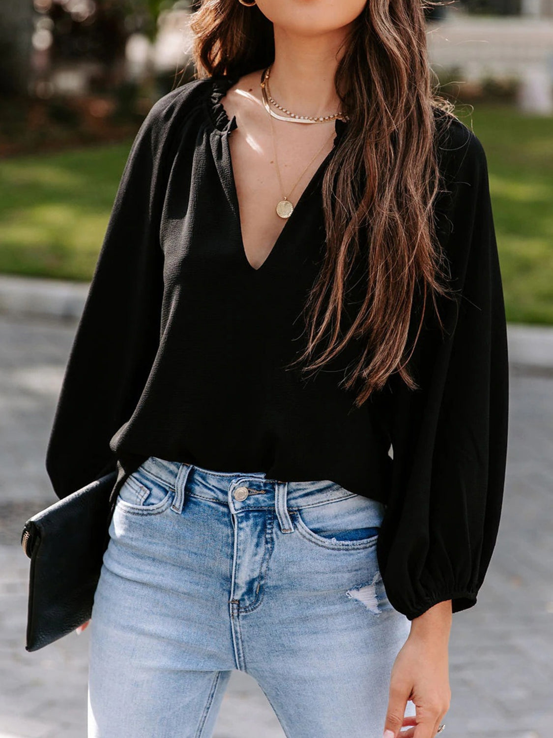 Ruched Notched Balloon Sleeve Blouse - The Goddess Galleries