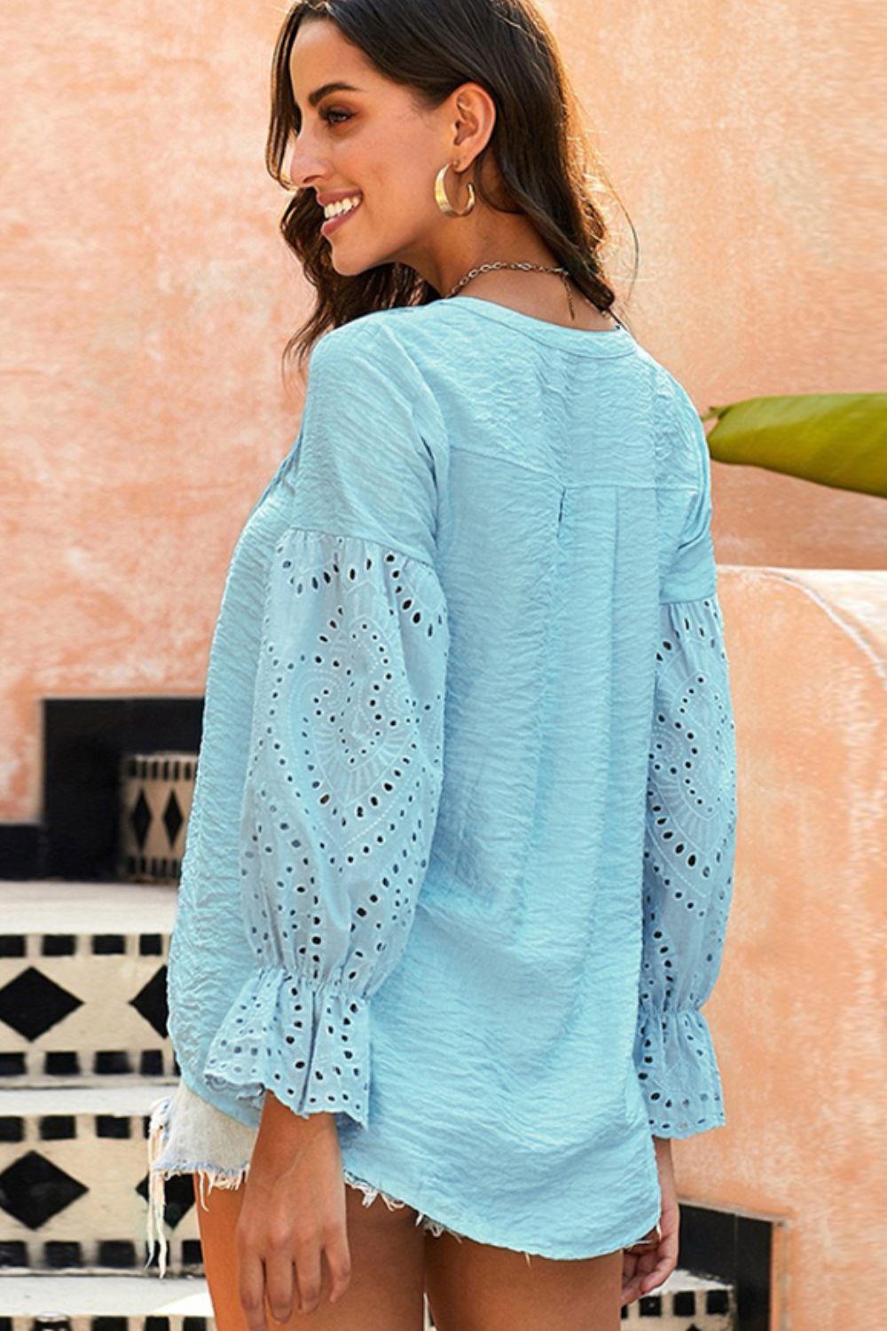 Shiny Crochet Flounce Sleeve Button Up Blouse - The Goddess Galleries