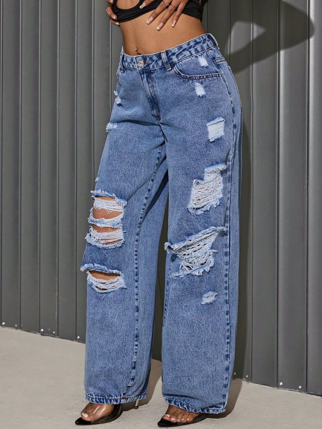 Distressed Wide Leg Jeans - The Goddess Galleries
