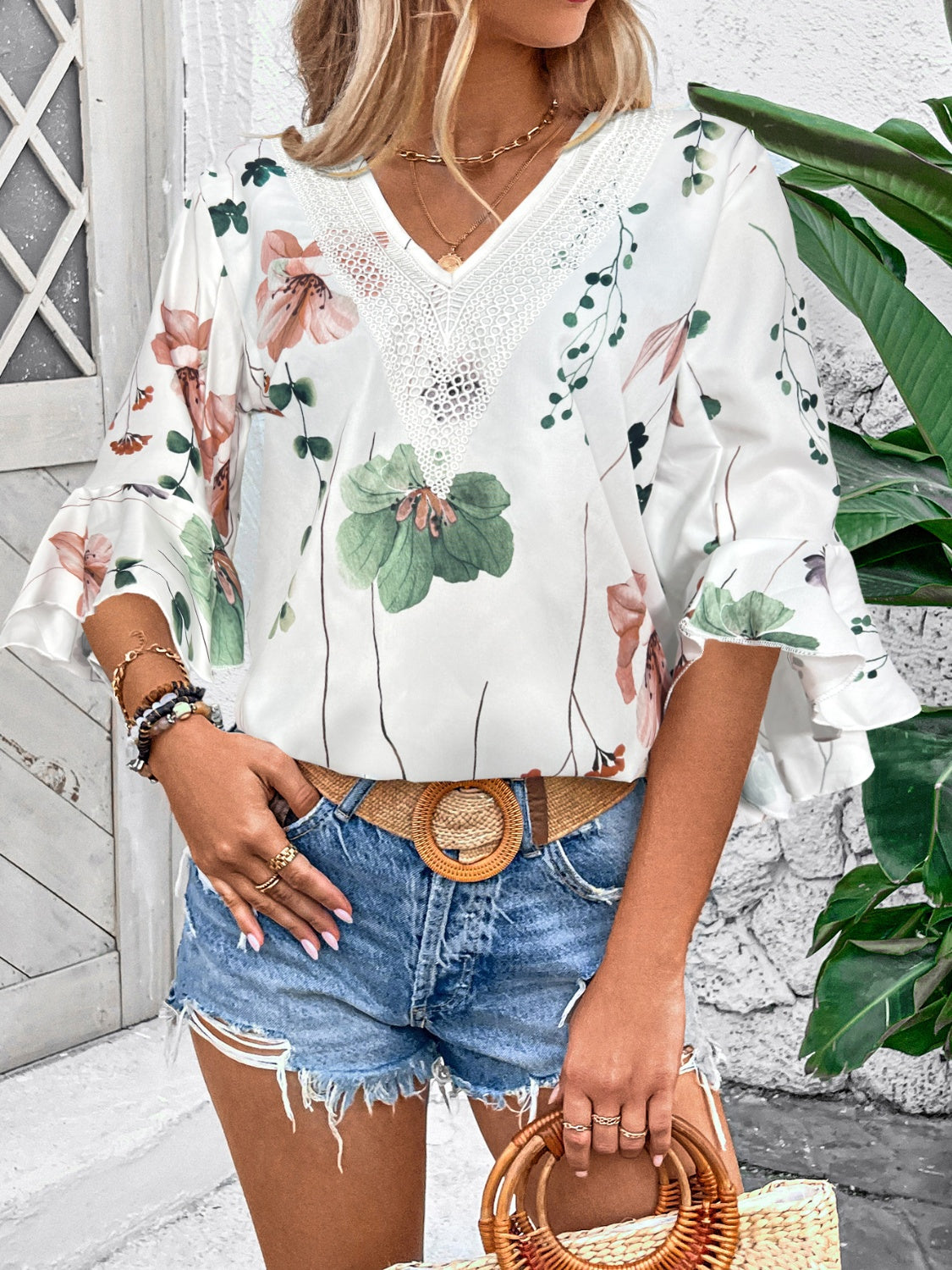 Honey Ruffled Printed V-Neck Half Sleeve Blouse - The Goddess Galleries