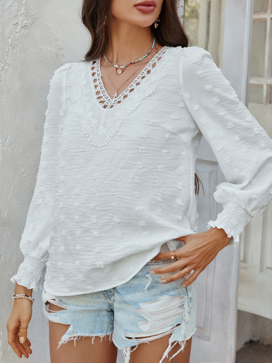 Devine Swiss Dot Lace Detail V-Neck Long Sleeve Blouse - The Goddess Galleries