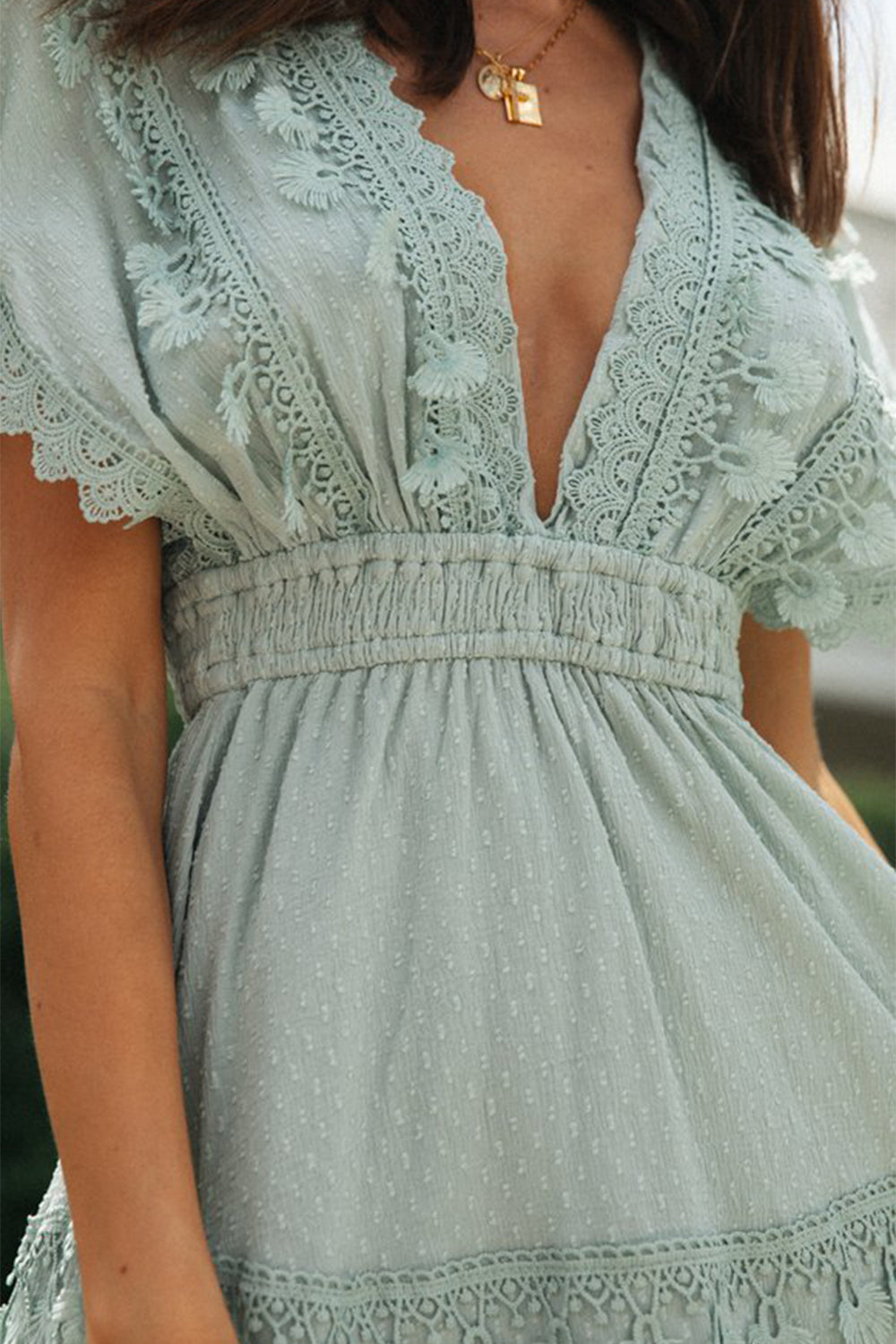 Lace Detail Plunge Short Sleeve Mini Dress - The Goddess Galleries