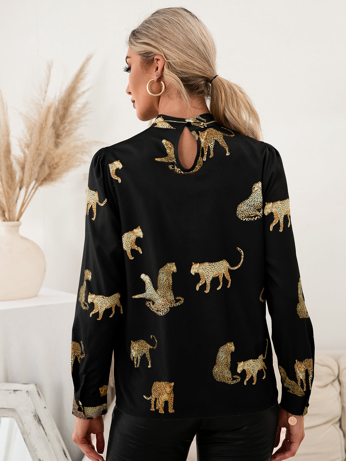 Ivy Lane Leopard Graphic Mock Neck Puff Sleeve Blouse - The Goddess Galleries