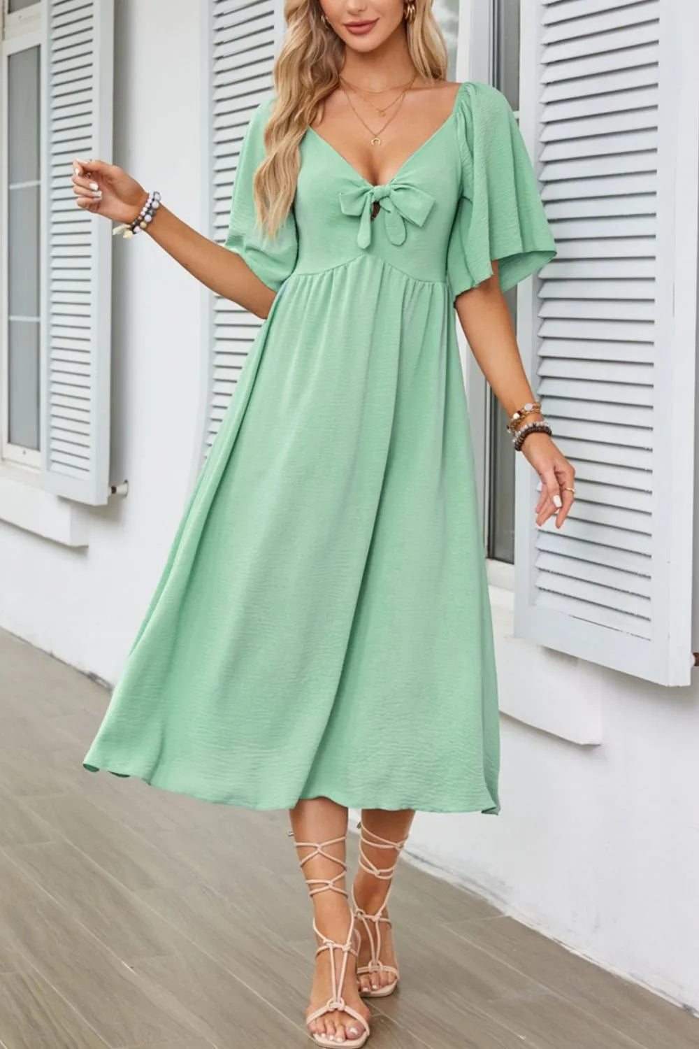 Smocked Tie Front Flutter Sleeve Midi Dress - The Goddess Galleries