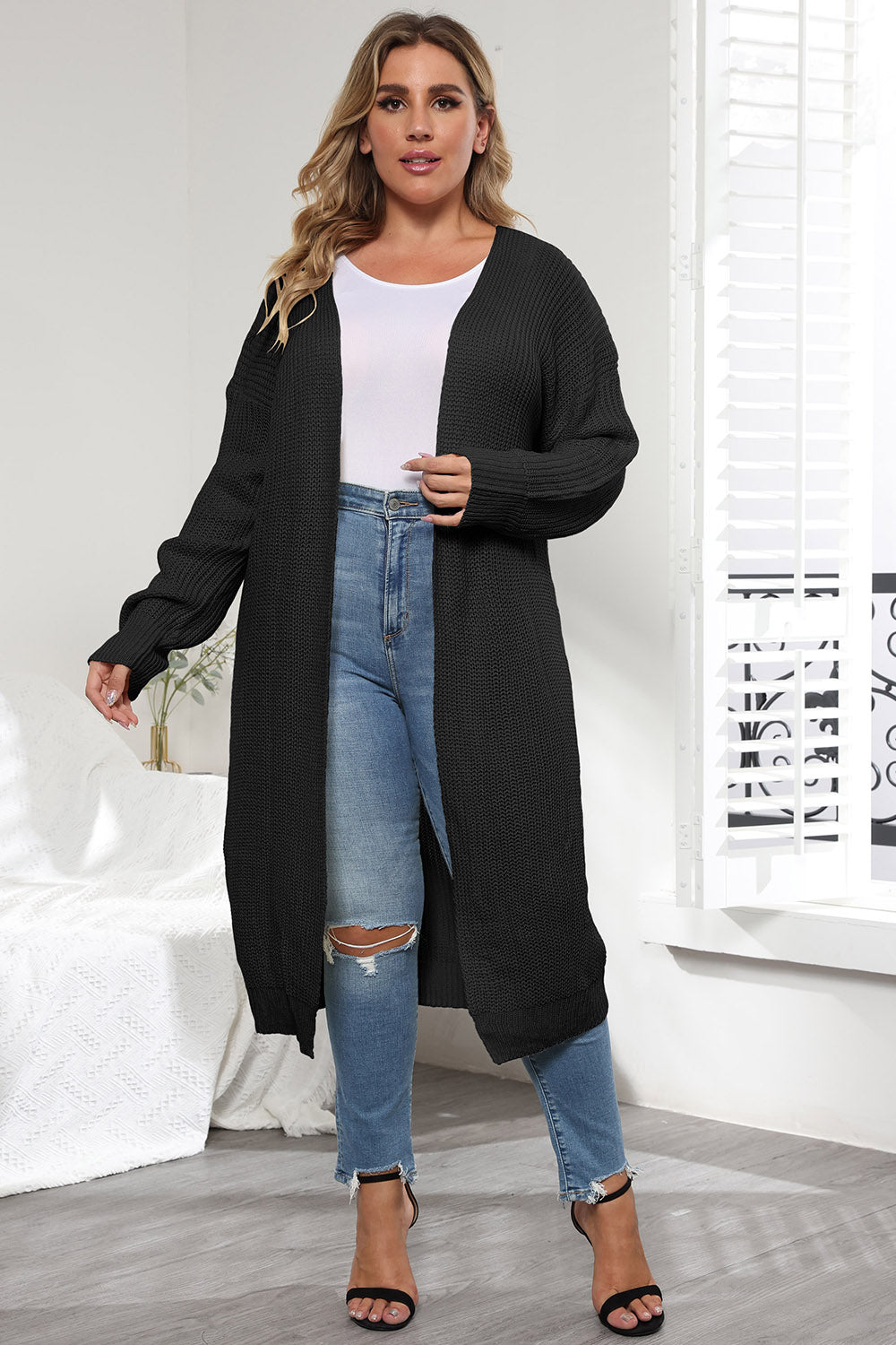Plus Size Open Front Long Sleeve Cardigan - The Goddess Galleries