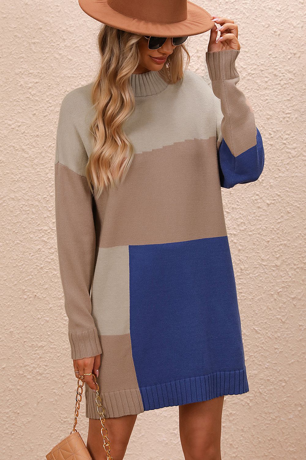 Color Block Mock Neck Dropped Shoulder Sweater Dress - The Goddess Galleries