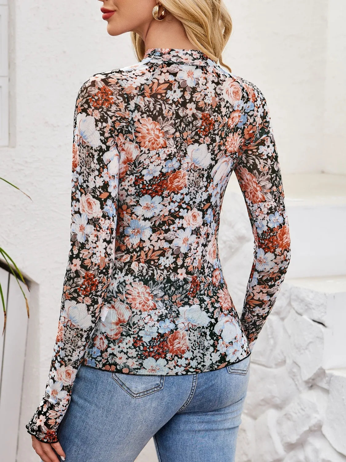 Floral Mock Neck Long Sleeve Top - The Goddess Galleries