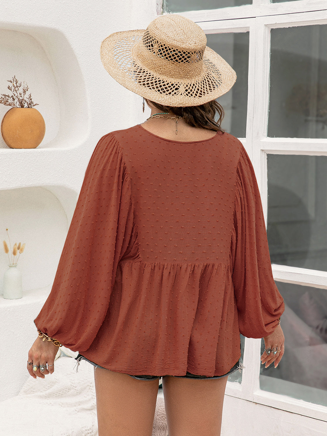 Plus Size Swiss Dot Tie Neck Long Sleeve Blouse - The Goddess Galleries
