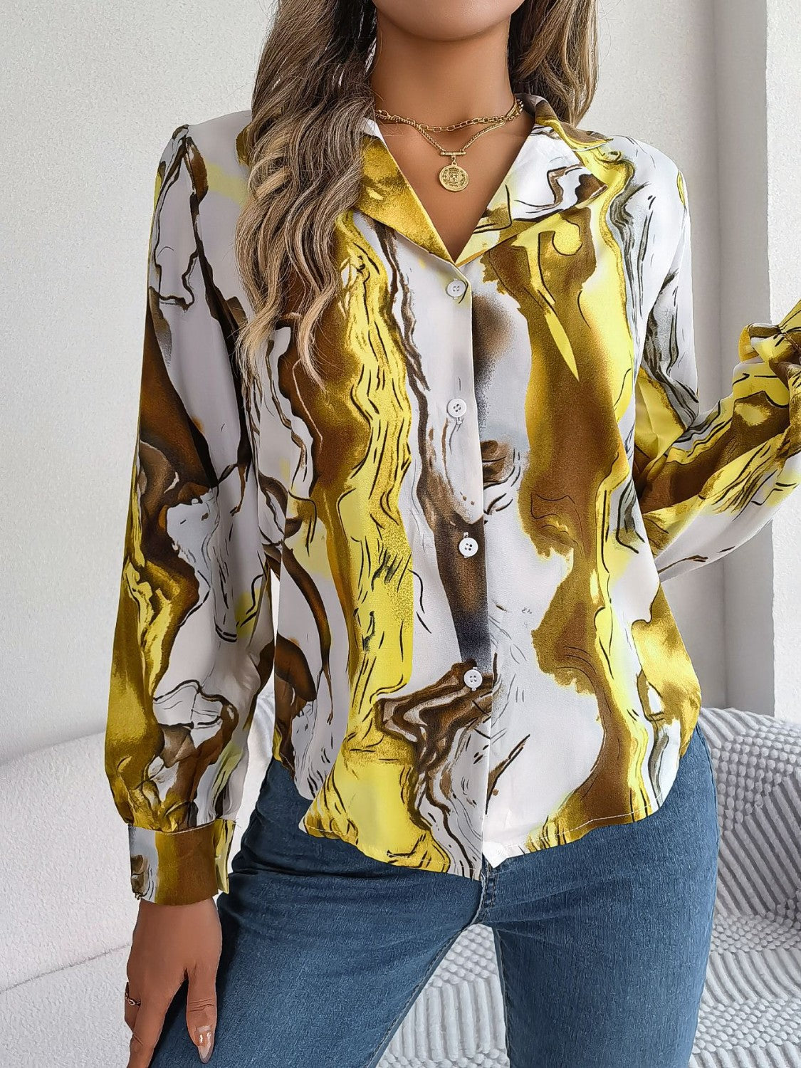 Printed Button Up Long Sleeve Shirt - The Goddess Galleries