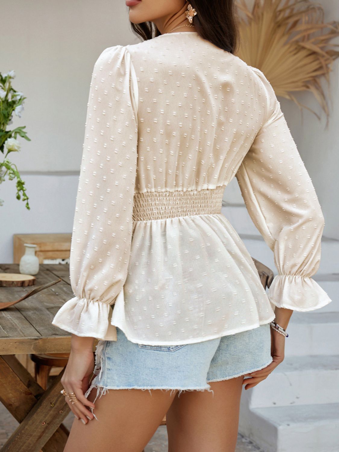 Devine Swiss Dot Lace Detail Surplice Flounce Sleeve Blouse - The Goddess Galleries