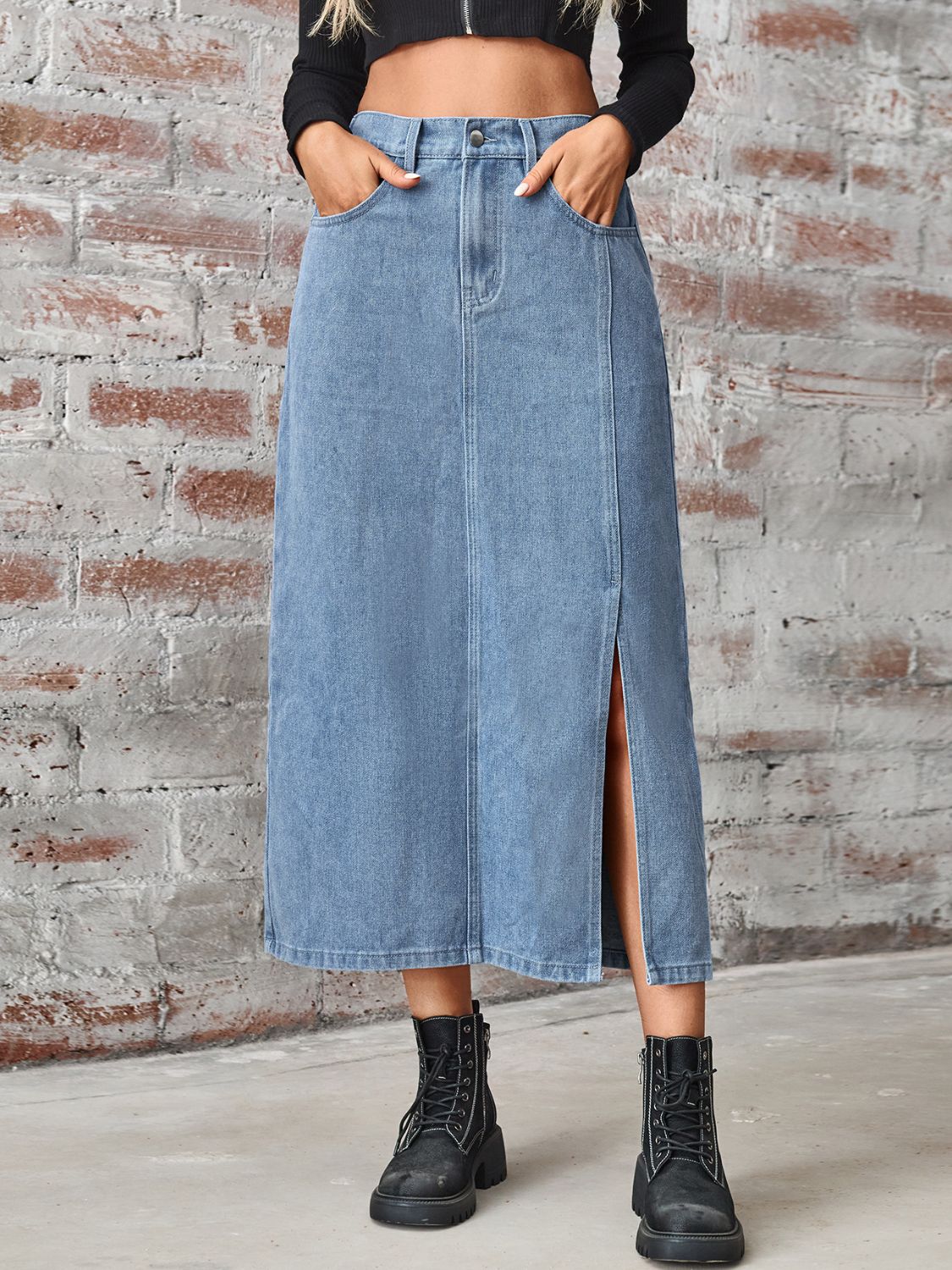 Slit High Waist Denim Skirt with Pockets - The Goddess Galleries