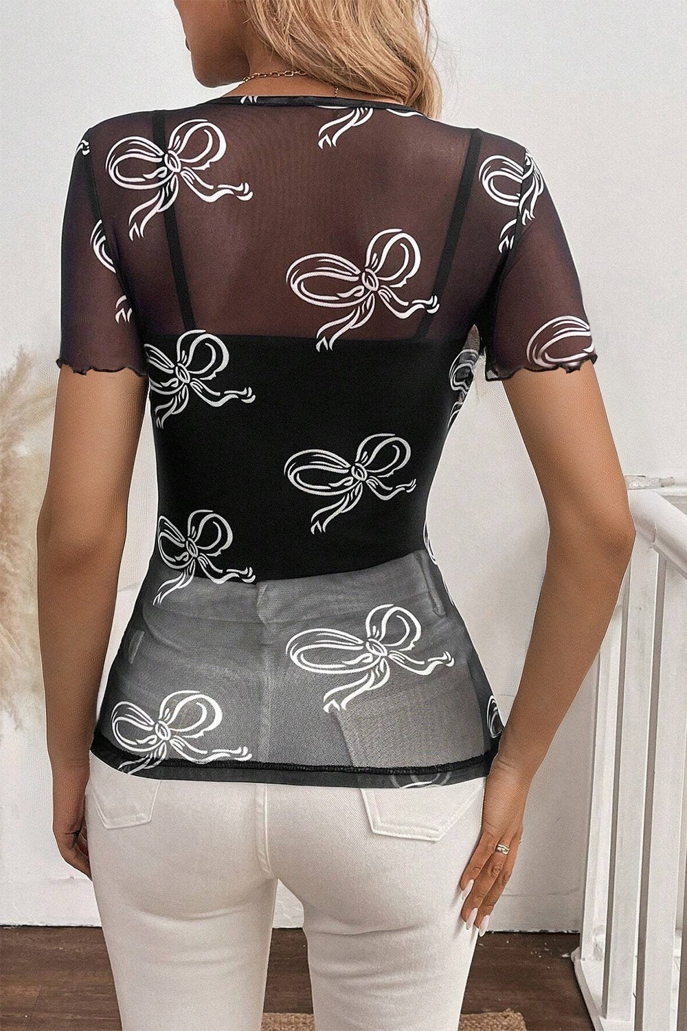 Bow Mesh Round Neck Short Sleeve T-Shirt - The Goddess Galleries