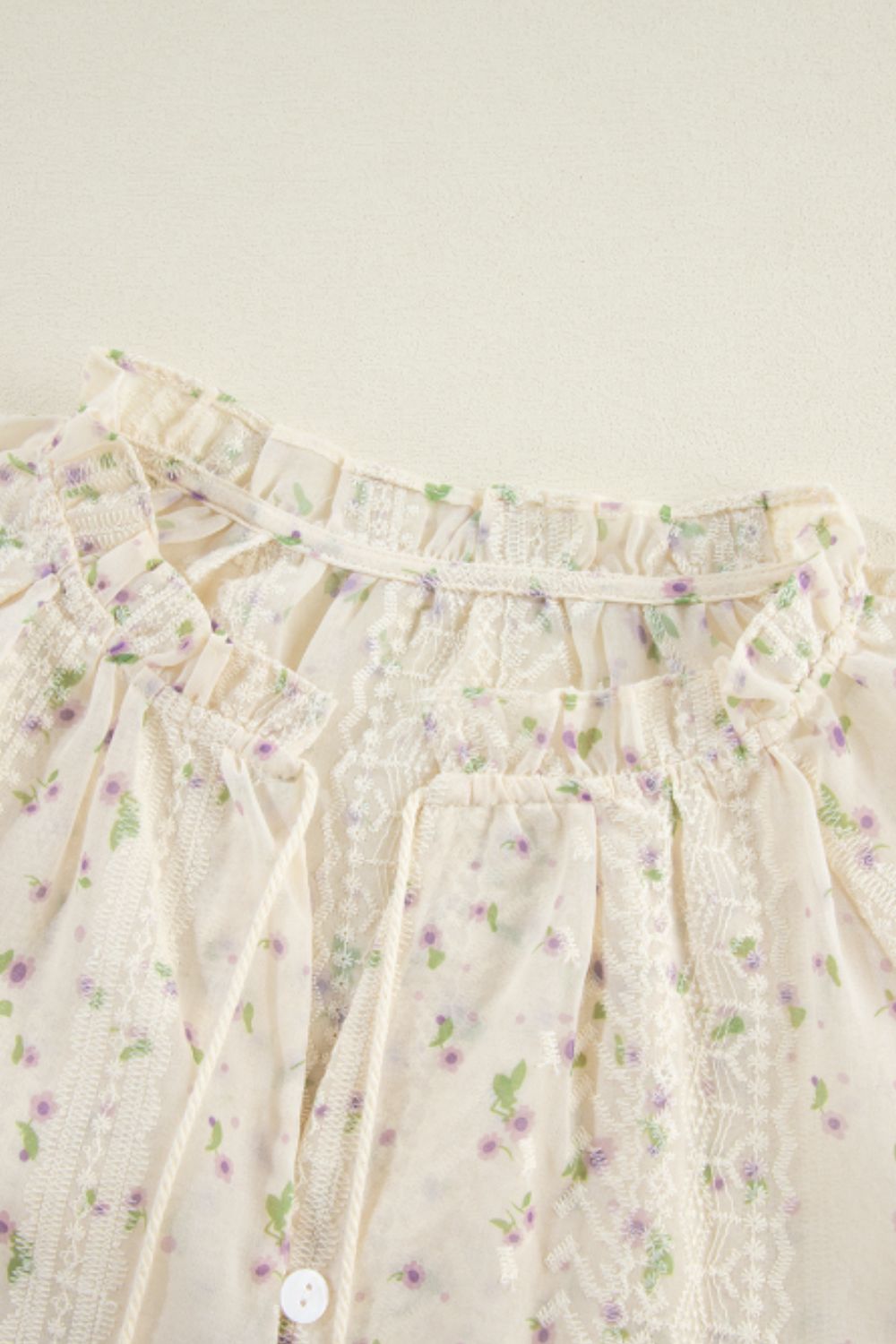 Frill Lace Detail Printed Tie Neck Long Sleeve Blouse - The Goddess Galleries