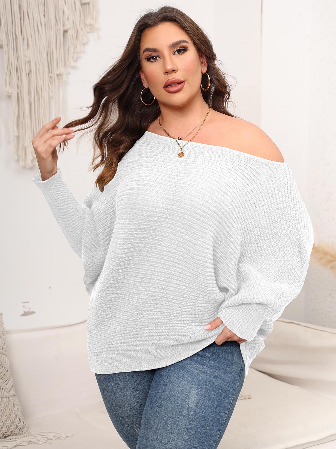 Full Size Boat Neck Batwing Sleeve Sweater - The Goddess Galleries