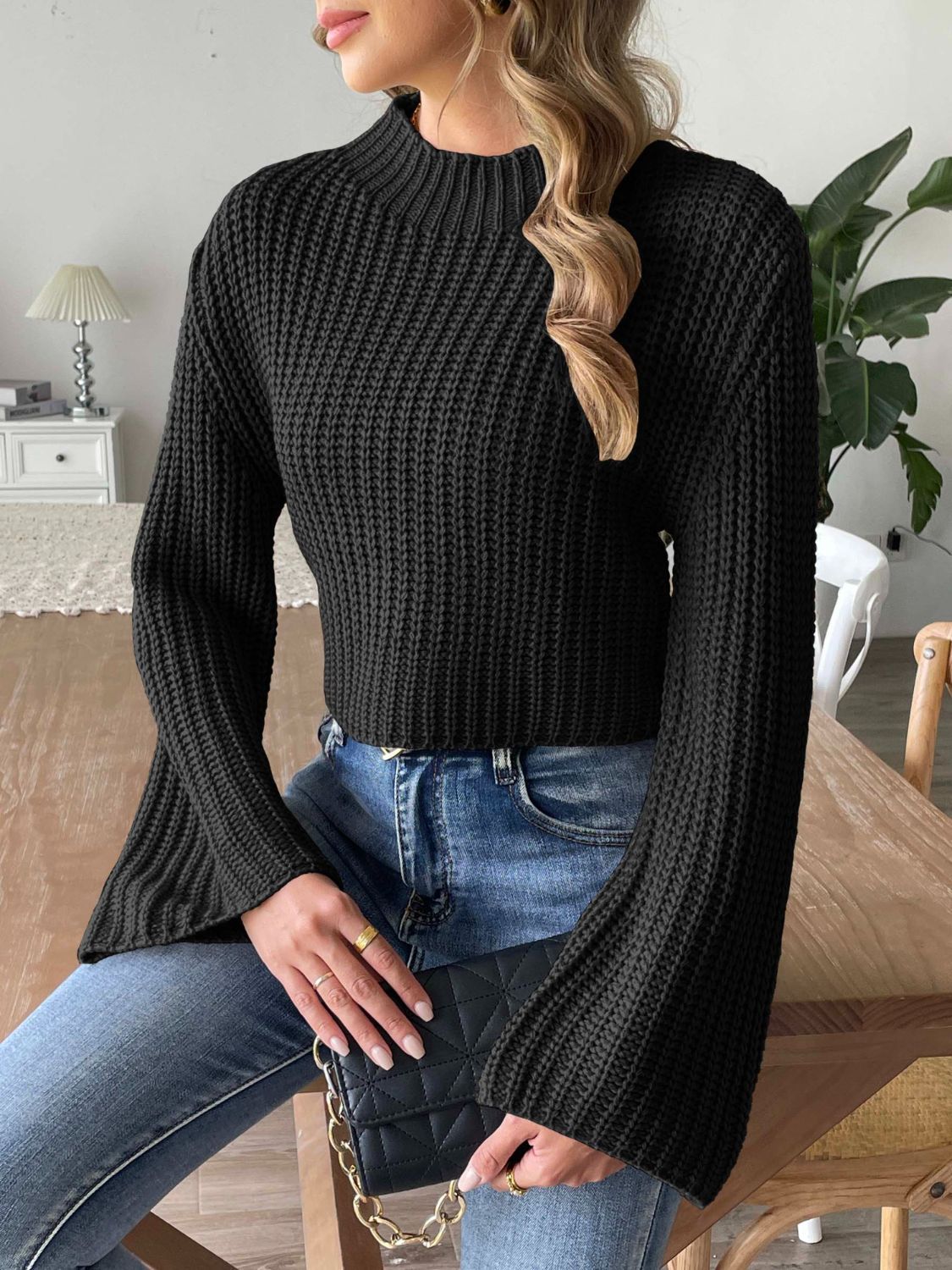 Mock Neck Long Sleeve Sweater - The Goddess Galleries