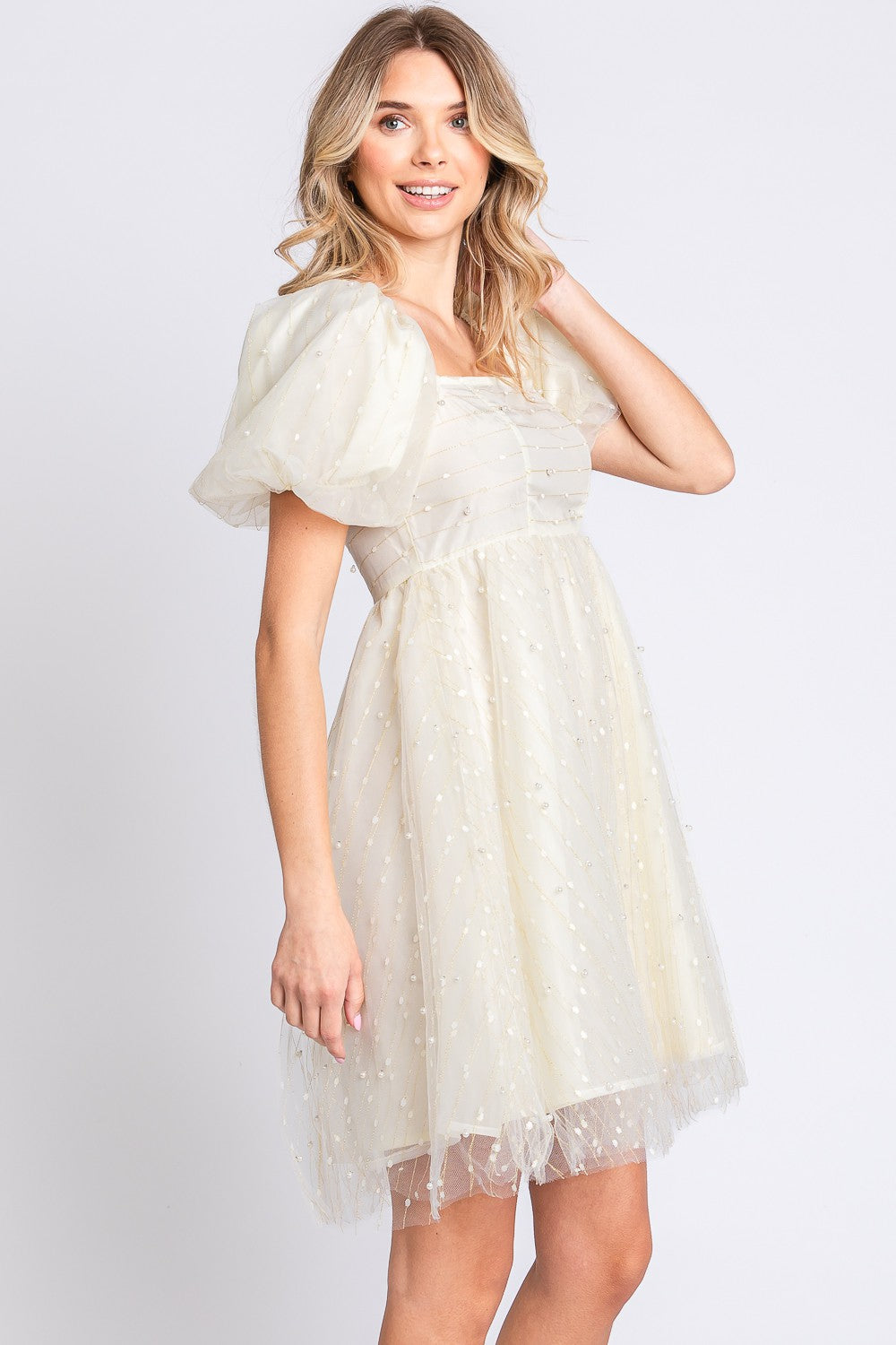 GeeGee Pearl Mesh Puff Sleeve Babydoll Dress - The Goddess Galleries
