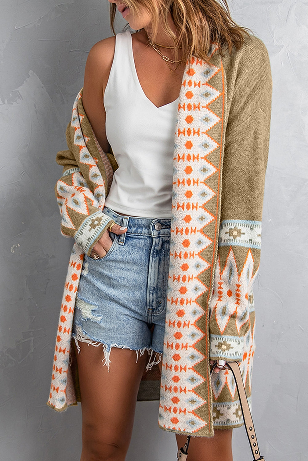 Geometric Open Front Long Sleeve Cardigan - The Goddess Galleries