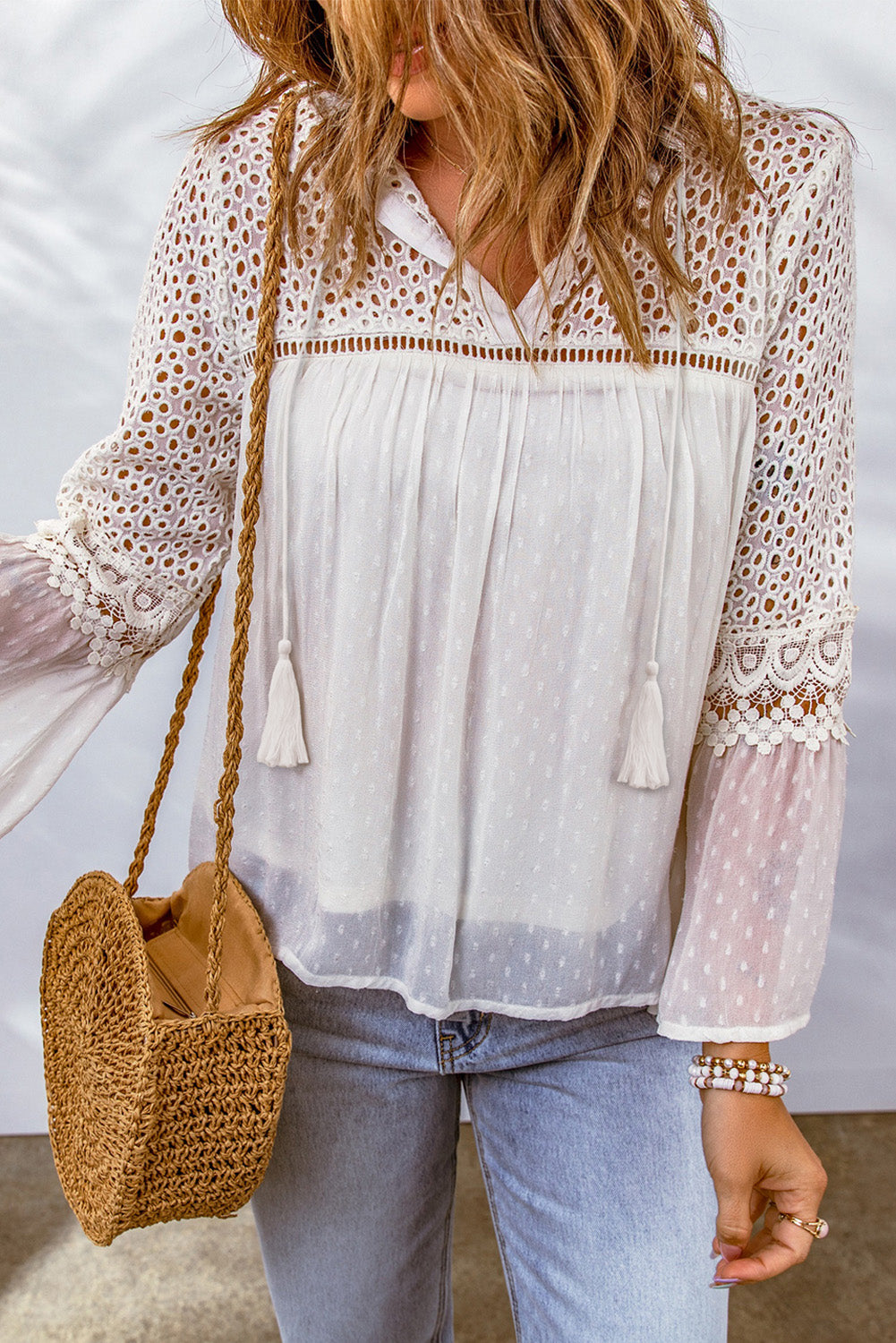 Eyelet Tassel Tie Flare Sleeve Blouse - The Goddess Galleries