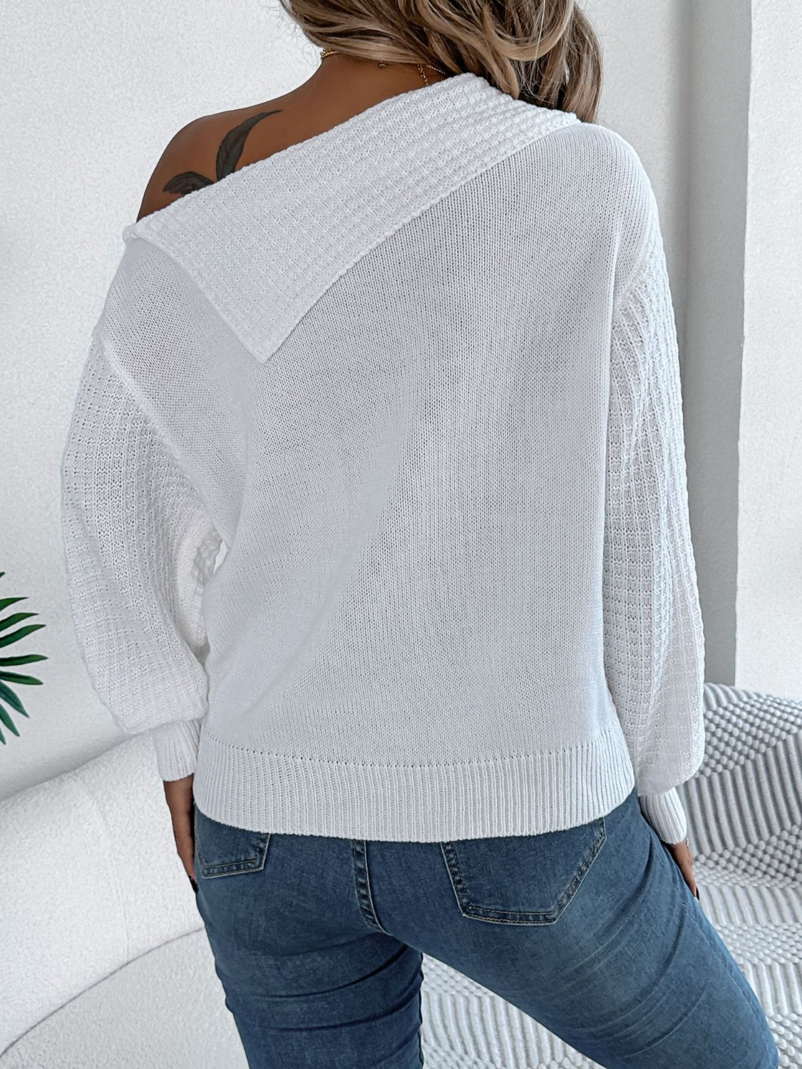 Cable-Knit One Shoulder Long Sleeve Sweater - The Goddess Galleries