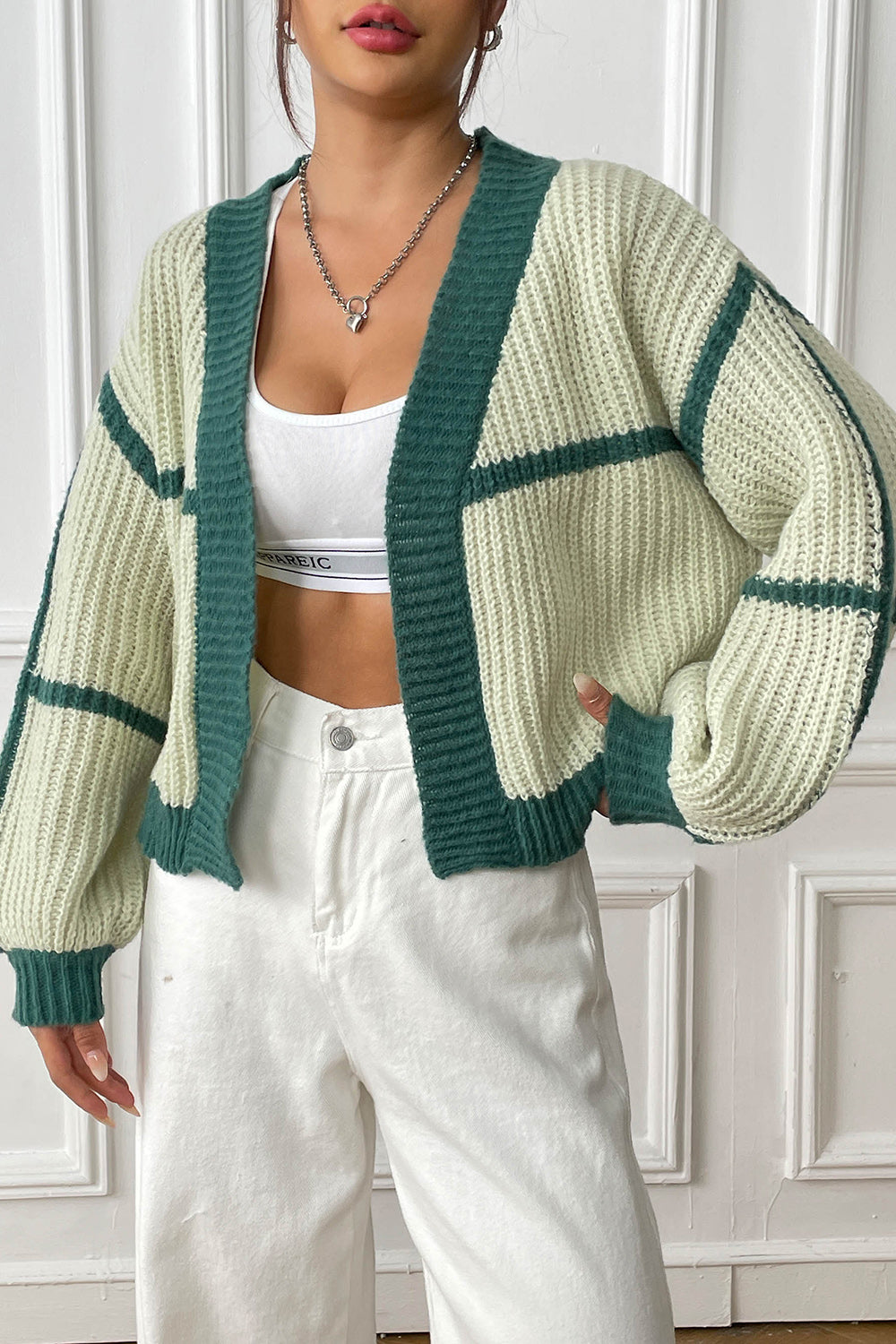Contrast Open Front Long Sleeve Cardigan - The Goddess Galleries
