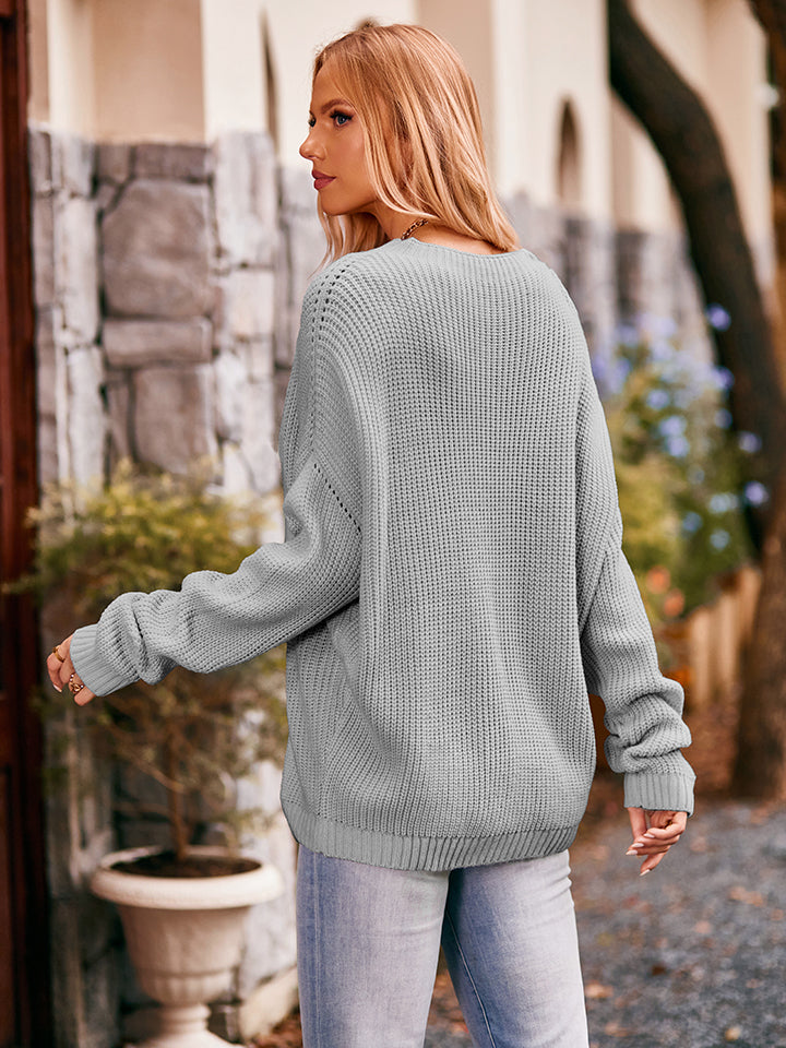 Waffle-Knit Long Sleeve Sweater - The Goddess Galleries
