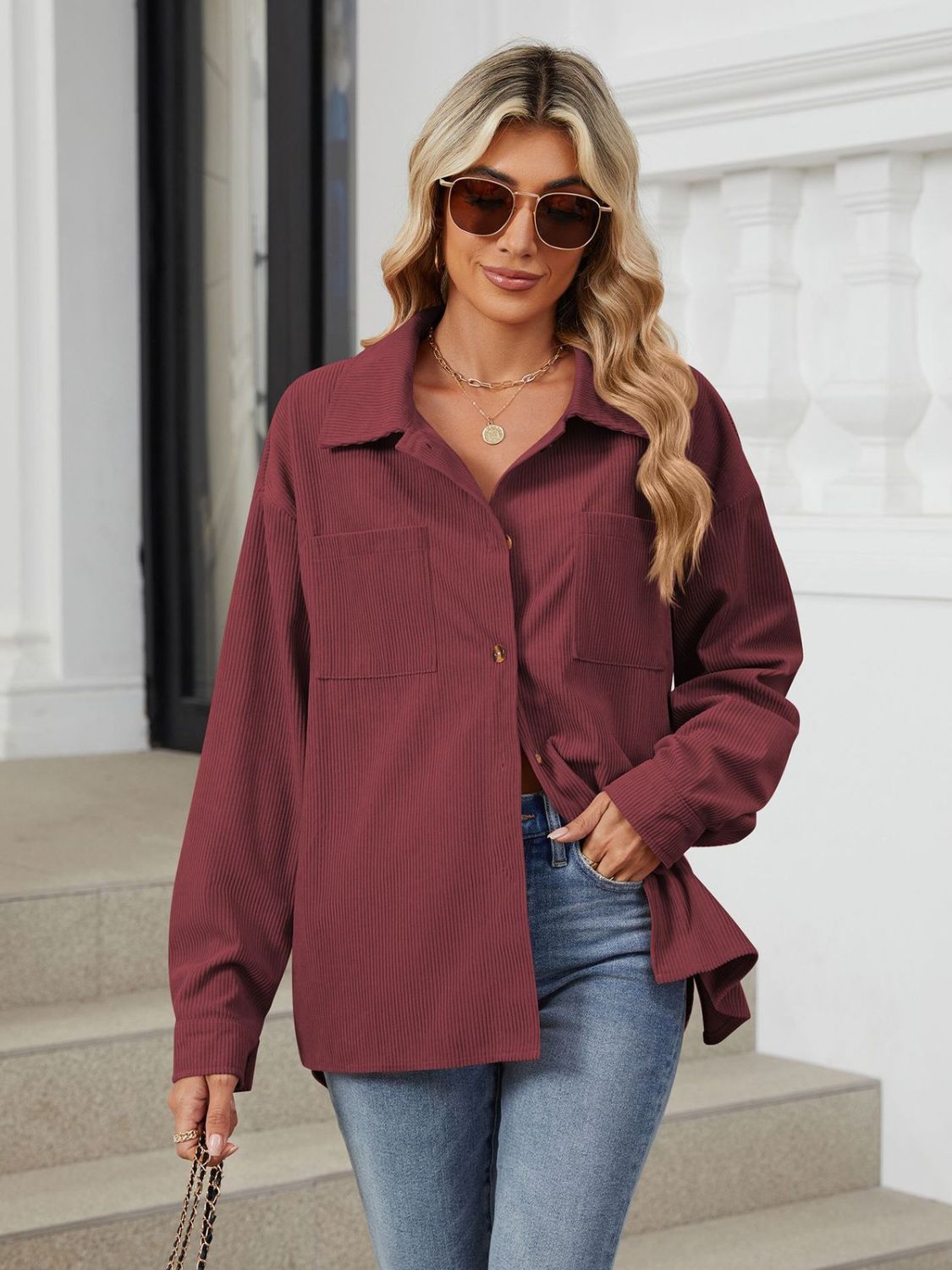 Button Up Long Sleeve Shirt with Breast Pockets - The Goddess Galleries