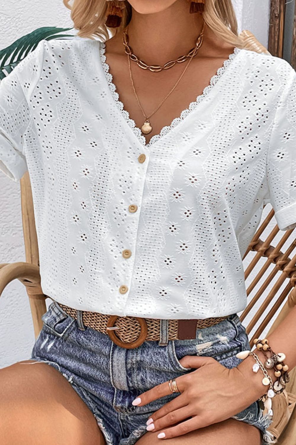Perfee Eyelet Short Sleeve Double-Sided Shirt - The Goddess Galleries