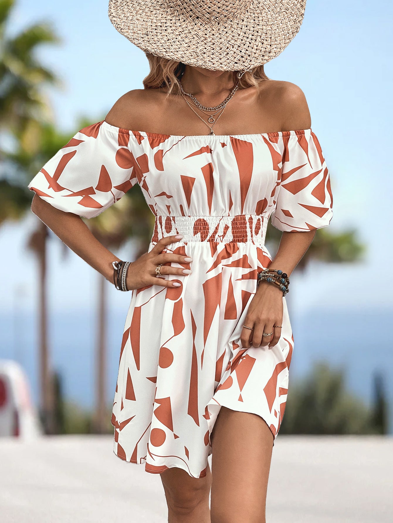 Printed Off-Shoulder Smocked Waist Dress - The Goddess Galleries