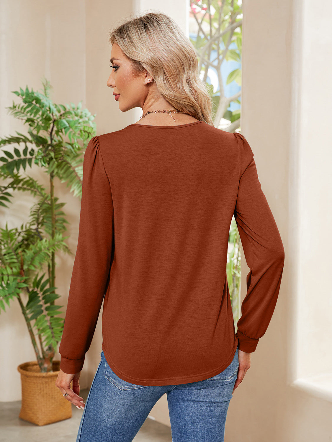 Ruched Round Neck Long Sleeve Blouse - The Goddess Galleries