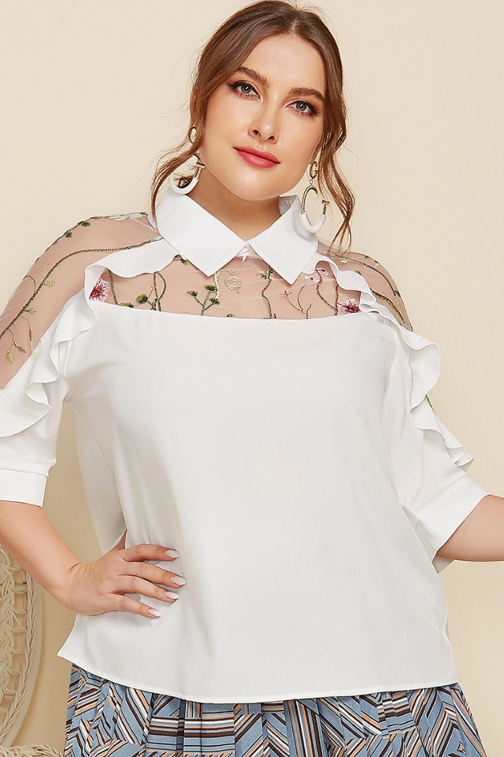 Plus Size Embroidered Ruffle Trim Collared Half Sleeve Blouse - The Goddess Galleries