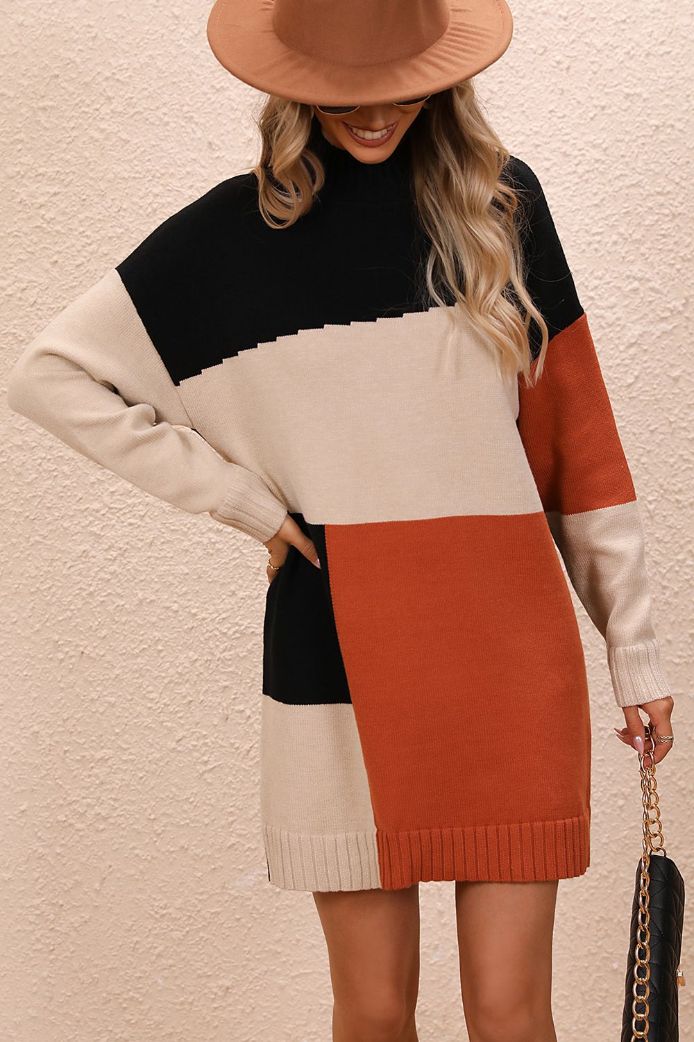 Color Block Mock Neck Dropped Shoulder Sweater Dress - The Goddess Galleries