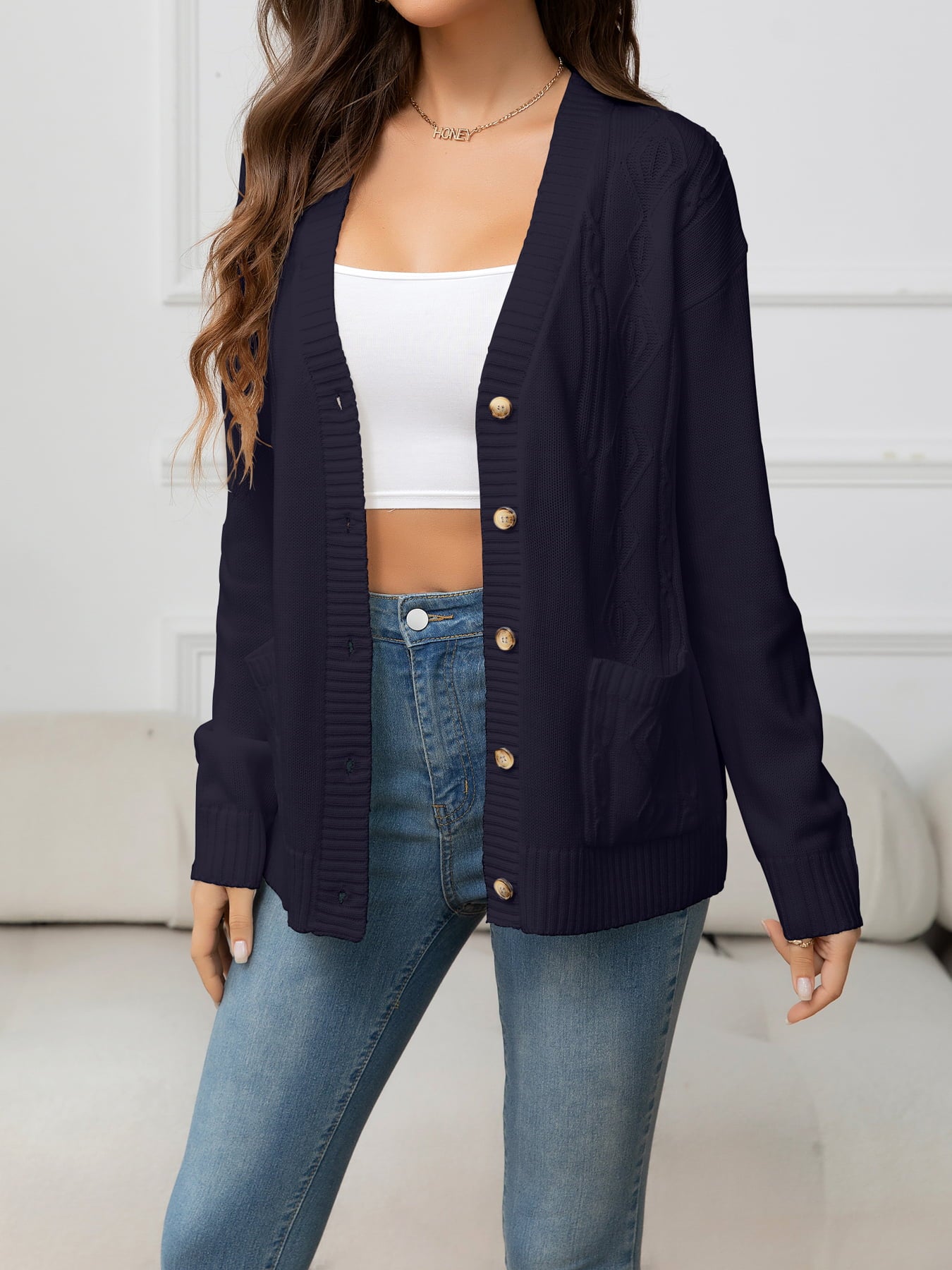 V-Neck Long Sleeve Buttoned Knit Top with Pocket - The Goddess Galleries