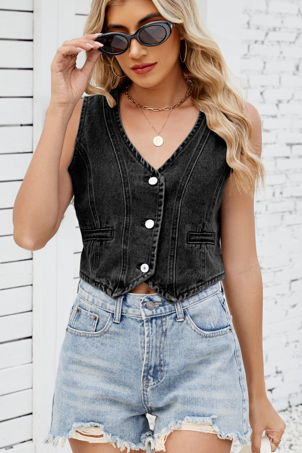 Button Down V-Neck Denim Vest - The Goddess Galleries