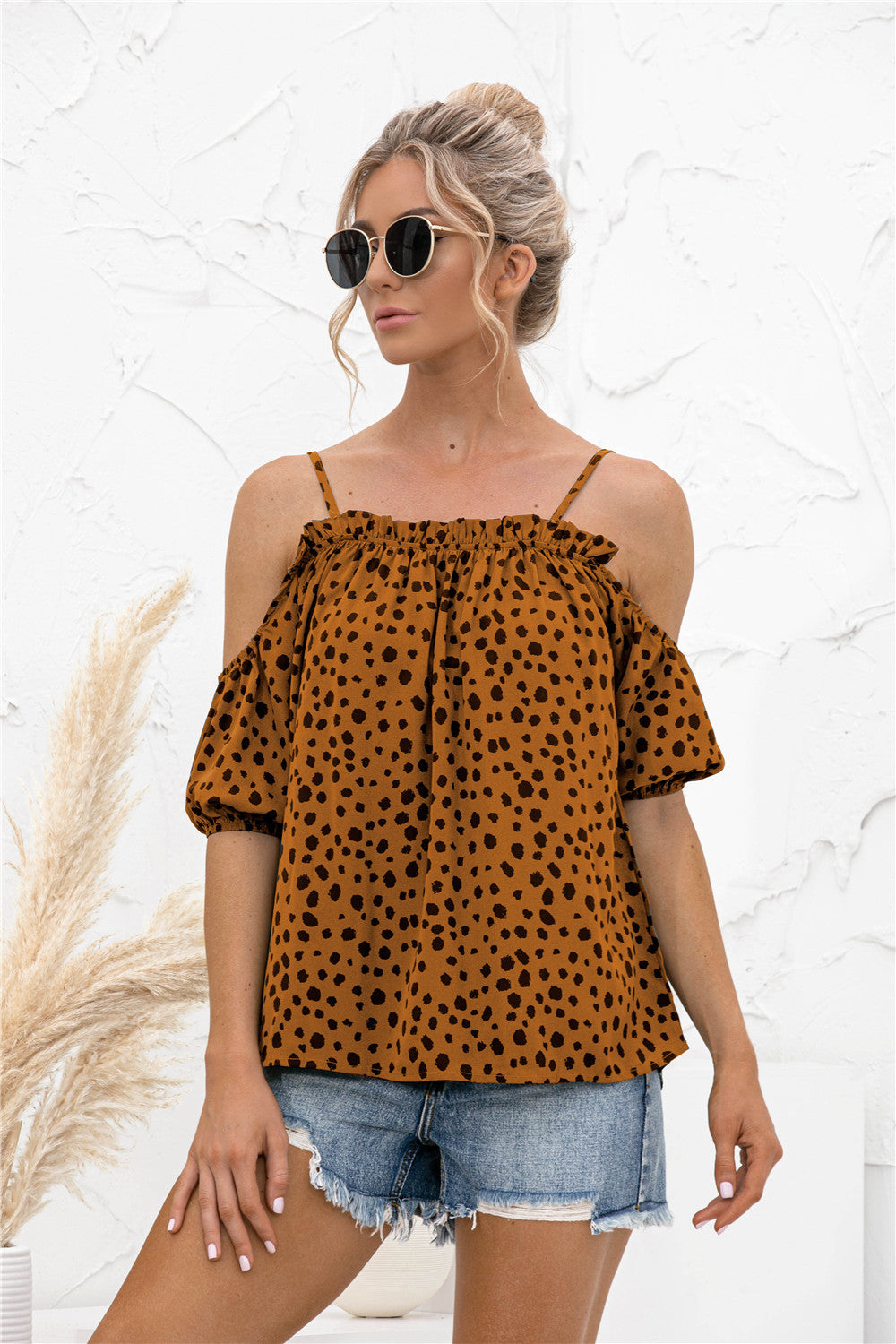 Printed Cold-Shoulder Frill Trim Blouse - The Goddess Galleries