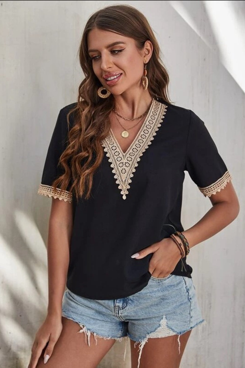 Full Size Lace Detail V-Neck Short Sleeve Blouse - The Goddess Galleries