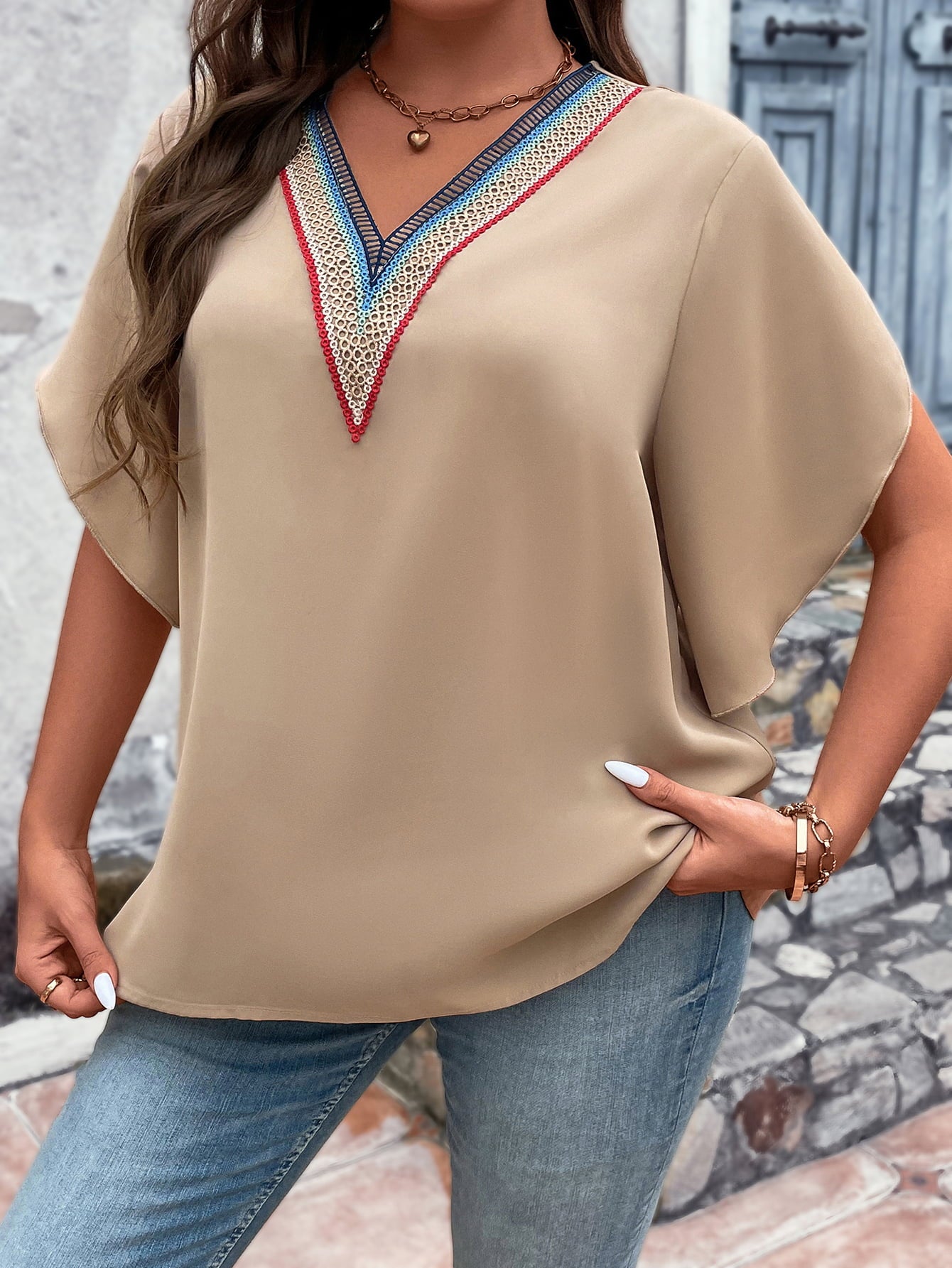 Honey Plus Size V-Neck Flutter Sleeve Blouse - The Goddess Galleries