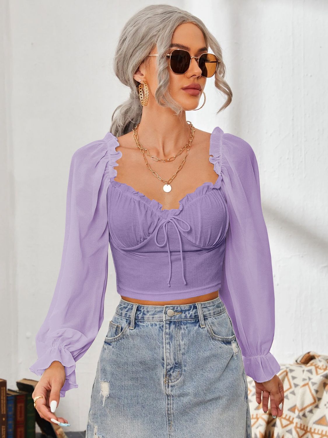 Mesh Sweetheart Neck Flounce Sleeve Top - The Goddess Galleries