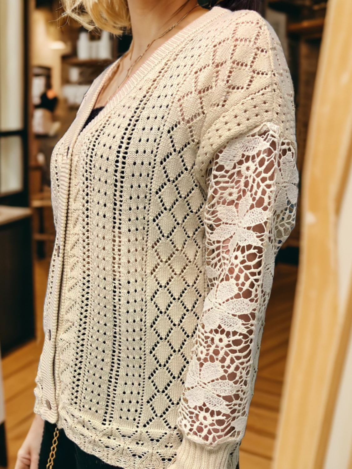 Eyelet Button Up Lantern Sleeve Cardigan - The Goddess Galleries