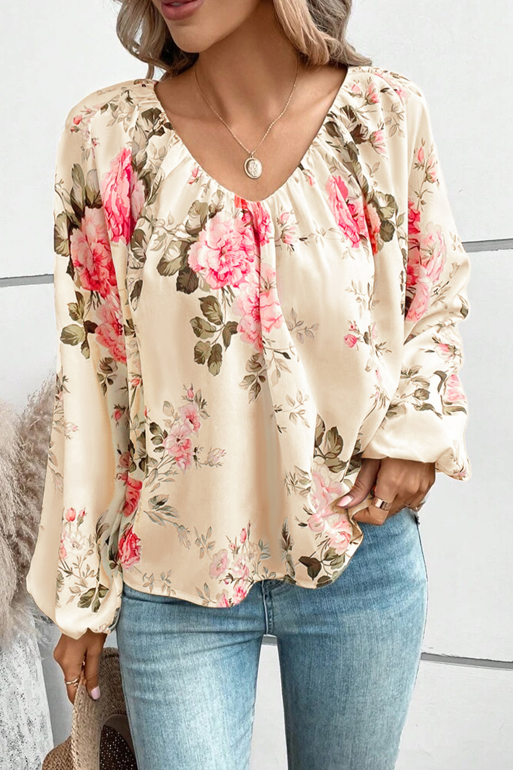 Floral V-Neck Balloon Sleeve Blouse - The Goddess Galleries