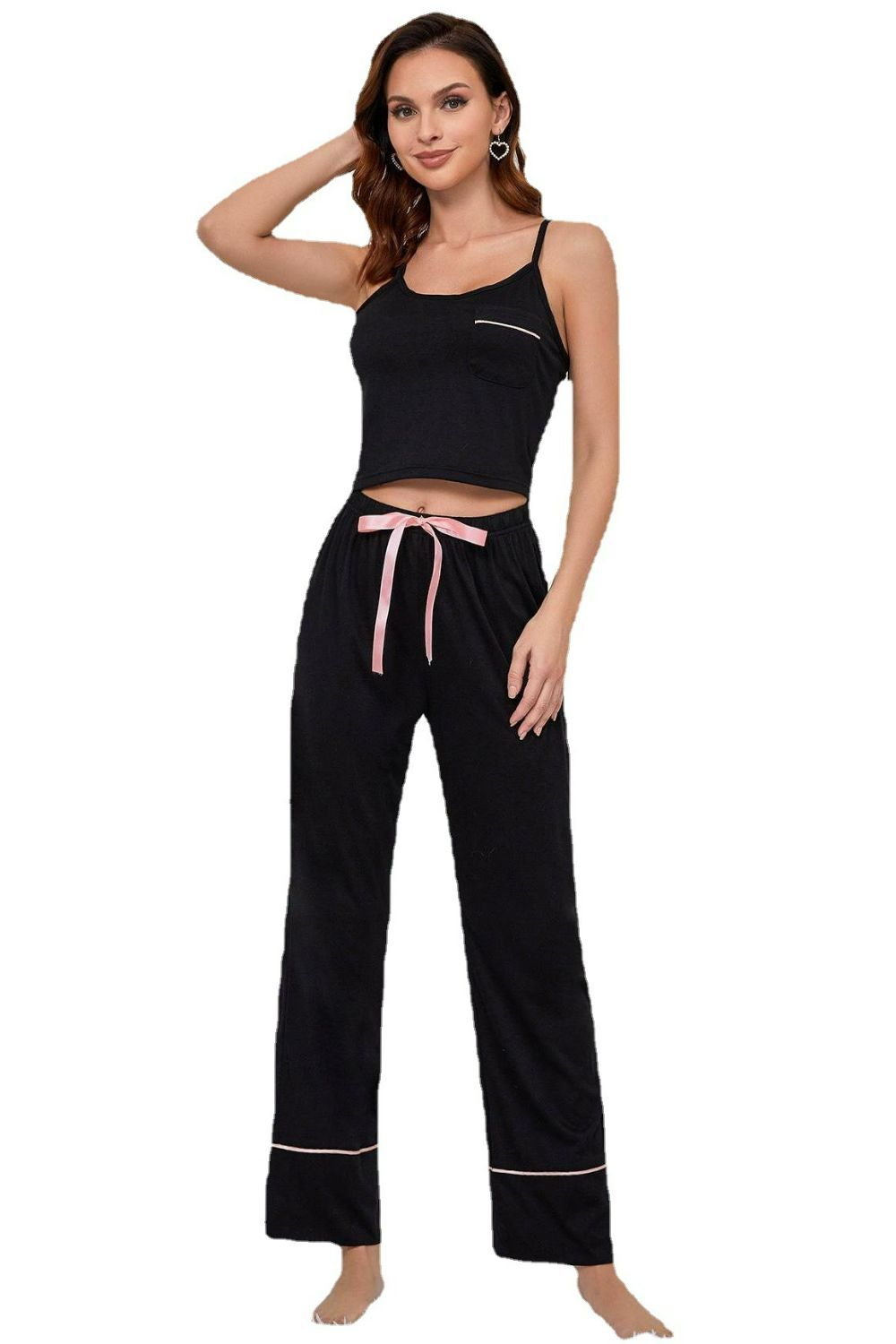 Contrast Trim Cropped Cami and Pants Loungewear Set - The Goddess Galleries