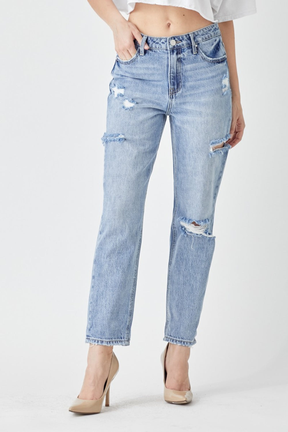 RISEN Distressed Slim Cropped Jeans - The Goddess Galleries