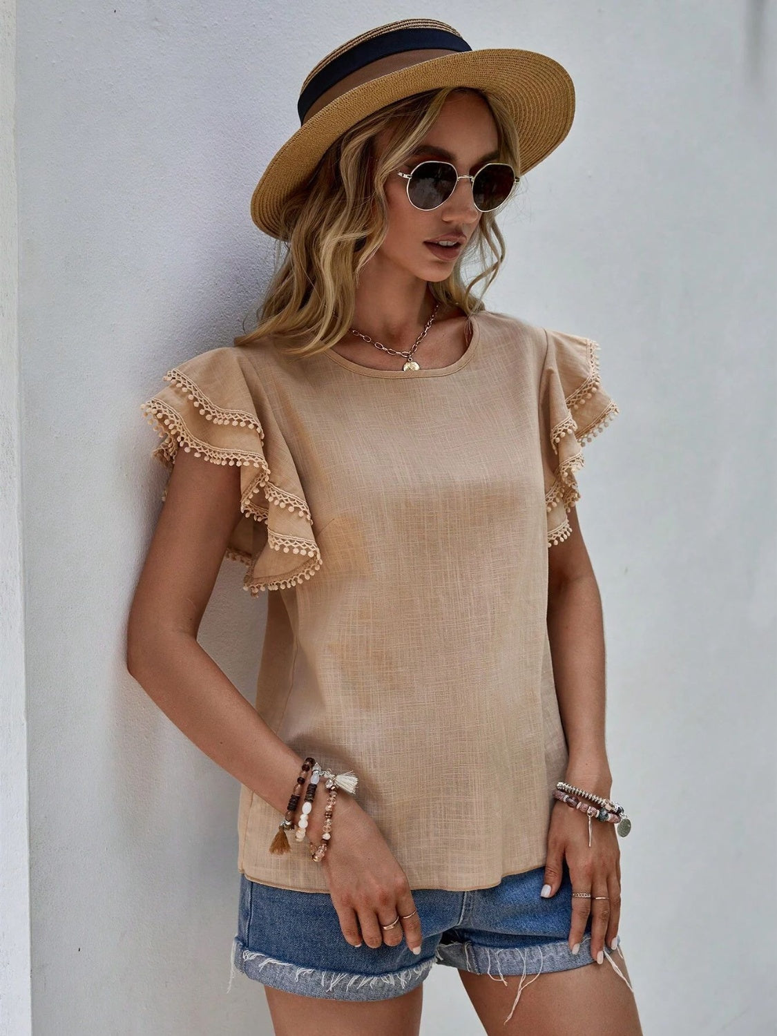Ruffled Cap Sleeve Round Neck Blouse - The Goddess Galleries